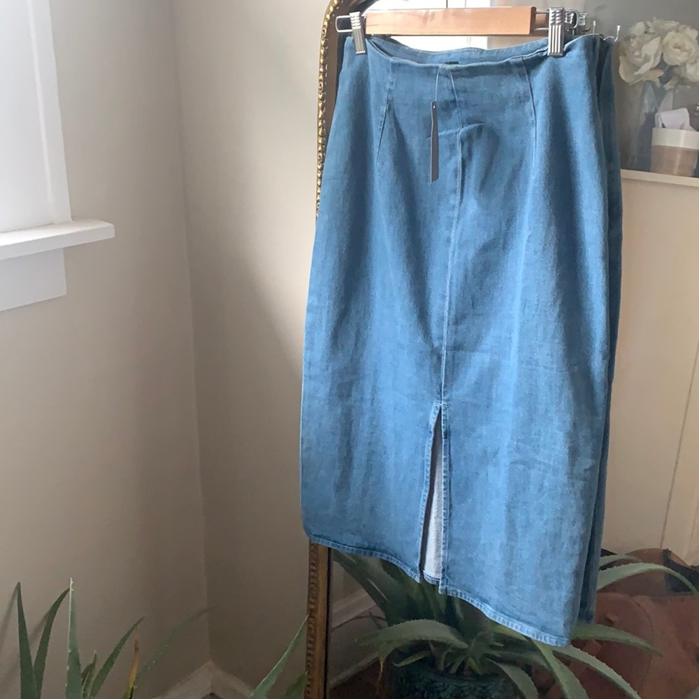 JCrew Denim midi skirt with front slip